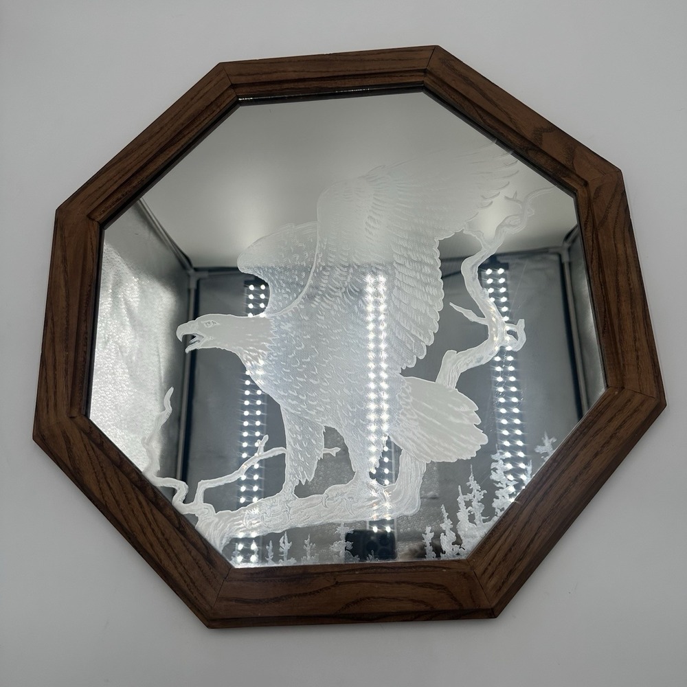 Vintage Eagle Etched Mirror Octagon Wood Frame Wildlife Lodge Cabin Decor